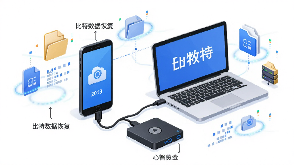 主体为“比特数据恢复”多设备连接示意图,画面中央为智能手机与移动硬盘,通过数据线连接至笔记本电脑,周围环绕文件图标与数据光环,布局均衡,排版简洁,风格为扁平化插画,细节包括设备类型标注,画质干净明亮,无多余元素
