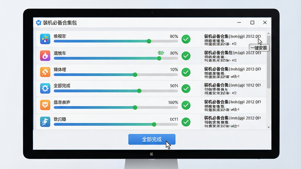 主体:装机必备合集包正在执行批量安装任务,界面显示多个软件进度条同时滚动。布局:画面以电脑屏幕为主体,屏幕内展示安装列表,每个软件行有进度条和状态图标,下方有“全部完成”按钮。排版:列表式布局,进度条整齐排列,状态图标用绿色对勾表示成功。风格:写实与科技感结合,浅色背景。细节:软件图标与名称一一对应,安装日志区域显示详细操作记录,鼠标指针悬停在“一键安装”按钮上。画质:高分辨率,干净明亮无多余元素。