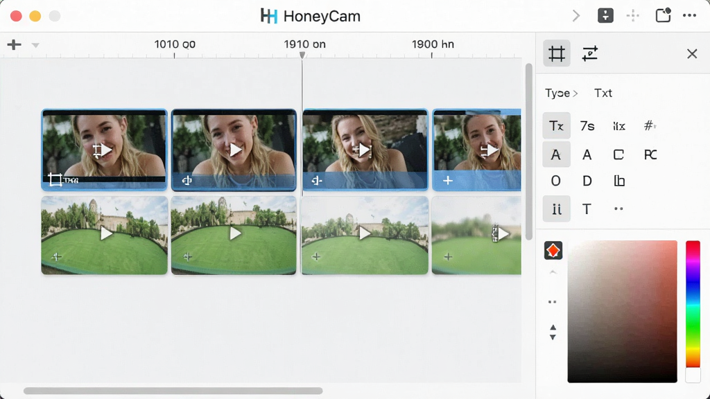 一张HoneyCam编辑界面的截图,主体为时间轴上的多个视频片段和右侧的标注工具面板,布局清晰,风格简洁明亮,细节包括裁剪工具图标、文字样式选择、颜色拾取器,画质高清,干净无多余元素