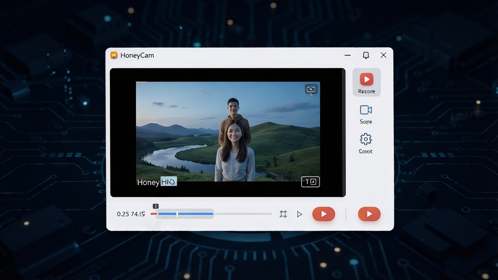 一张现代简约风格的软件宣传图,主体为HoneyCam软件界面悬浮在深色科技感背景上,界面展示高清录屏预览窗口和简洁的工具栏,布局居中,排版大气,风格为扁平化结合微拟物,细节包括时间轴、录制按钮、清晰的功能图标,画质为8K超清,干净无多余元素
