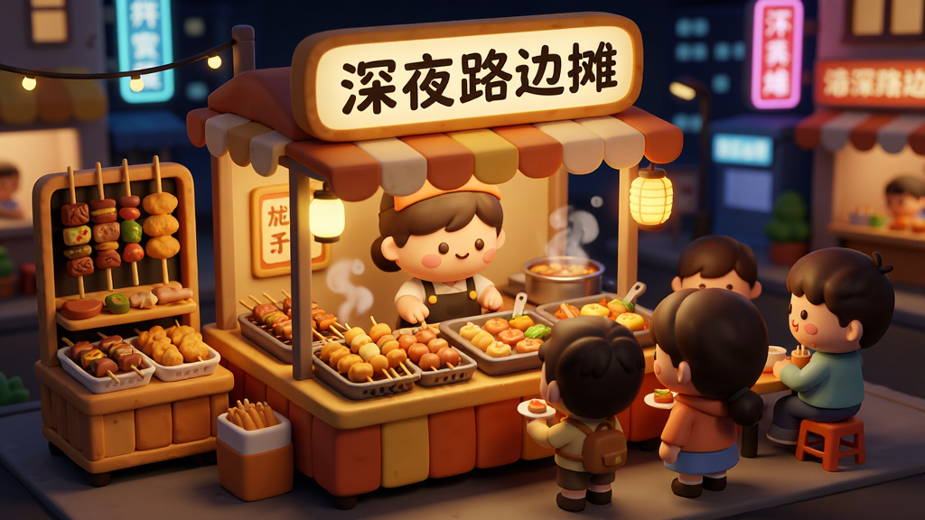 主体:深夜路边摊游戏主界面,一个温馨的街头小吃摊,摊位上摆满烤串、炸串、关东煮等美食,摊主是可爱的卡通形象,周围有几位顾客正在等待。布局:画面中央是摊位,左侧是食材架,右侧是顾客区,背景是夜晚的城市街道,霓虹灯闪烁。排版:摊位立体感强,食物细节丰富,暖黄色灯光营造温馨氛围。风格:卡通治愈风,色彩温暖明亮,线条圆润。细节:招牌上写着“深夜路边摊”,食物冒着热气,顾客表情期待。画质:高清,干净,无多余元素。