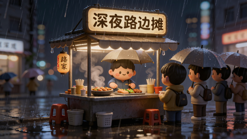主体:深夜路边摊游戏中的雨天场景,摊主撑着伞在摊位前忙碌。布局:画面中央是摊位,雨滴斜落,顾客撑着伞排队,背景是朦胧的城市灯光。排版:雨丝效果逼真,摊位灯光温暖,地面有积水倒影。风格:卡通治愈,略带写实的光影。细节:招牌“深夜路边摊”在雨中发光,食物热气腾腾。画质:高清,干净,无多余元素。
