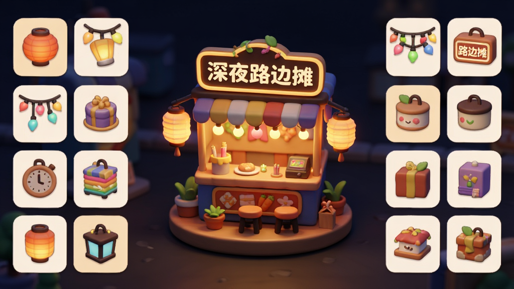 主体:深夜路边摊游戏的摊位装扮界面,展示多种装饰选项。布局:中央是装扮中的摊位,四周是装饰物图标,包括灯笼、彩灯、招牌等。排版:摊位3D视角,可旋转查看,装饰物分类清晰。风格:卡通治愈,色彩丰富。细节:装饰后的摊位灯火通明,招牌“深夜路边摊”醒目。画质:高清,干净,无多余元素。
