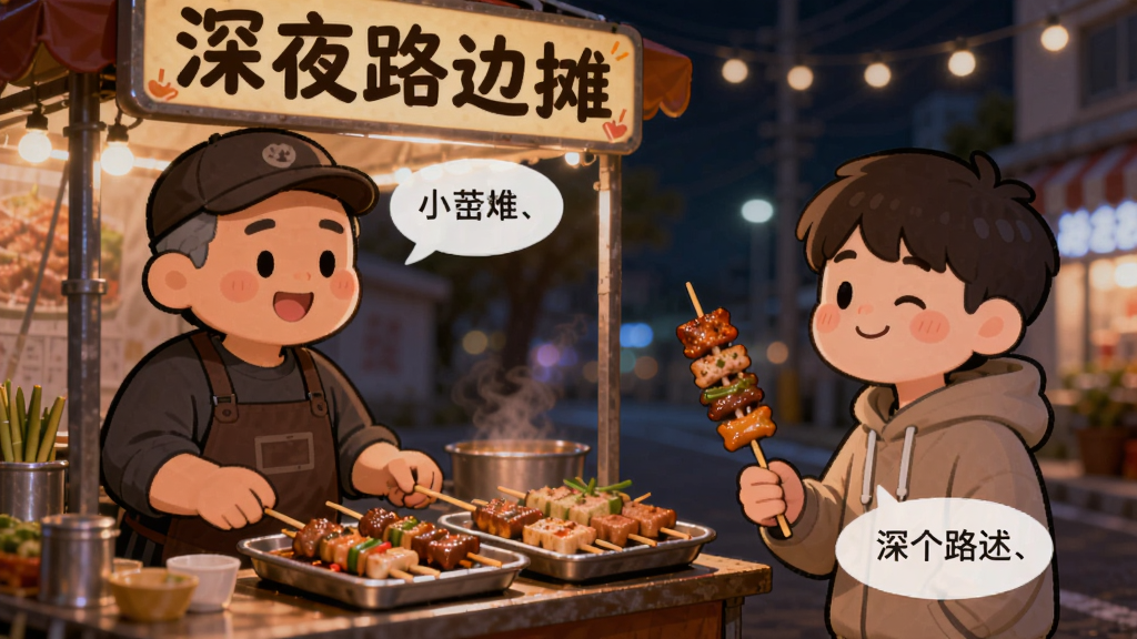 主体:深夜路边摊游戏中,摊主与一位顾客正在对话,顾客脸上带着微笑。布局:画面左侧是摊主,右侧是顾客,中间是摊位上的美食。排版:人物立绘生动,对话框显示文字,背景是夜晚街道。风格:卡通治愈,柔和的灯光效果。细节:顾客手中拿着烤串,表情满足,摊位招牌“深夜路边摊”清晰可见。画质:高清,干净,无多余元素。