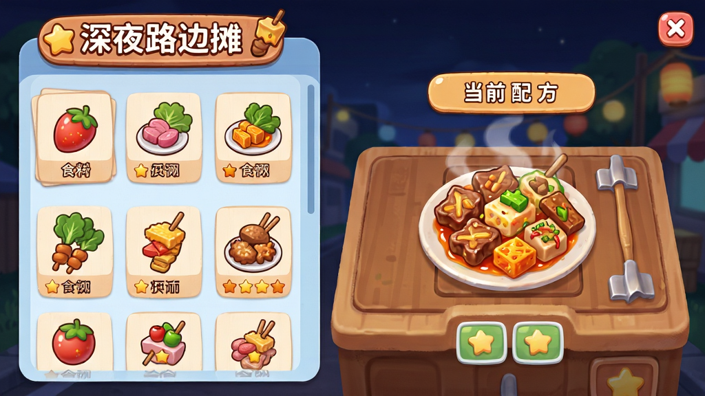 主体:深夜路边摊游戏的美食研发界面,展示多种食材和配方组合。布局:左侧是食材列表,右侧是制作台,中间显示当前配方的成品效果。排版:界面简洁清晰,食材图标精致,成品美食色泽诱人。风格:卡通治愈风,色彩鲜艳。细节:屏幕上有“深夜路边摊”字样,配方卡标注名称和星级。画质:高清,干净,无多余元素。