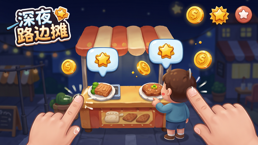 主体:深夜路边摊游戏的操作界面,展示手指点击摊位和顾客的交互。布局:画面中央是摊位,手指点击顾客头顶的气泡,旁边有金币飘出。排版:操作提示标识清晰,界面友好。风格:卡通治愈,动态效果生动。细节:屏幕上显示“深夜路边摊”logo,金币和好评图标明显。画质:高清,干净,无多余元素。