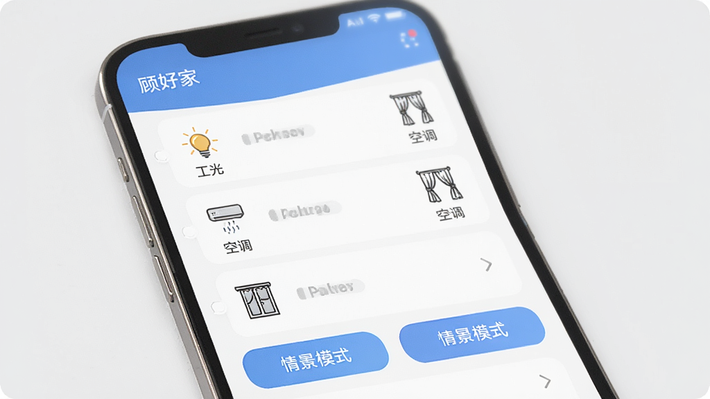 一张展示顾好家APP智能家居控制界面的图片,主体是手机屏幕中的设备列表和情景模式按钮,布局为列表式,排版整齐,风格简约现代,包含灯光、空调、窗帘等图标,细节清晰,画质高清,干净无杂物。