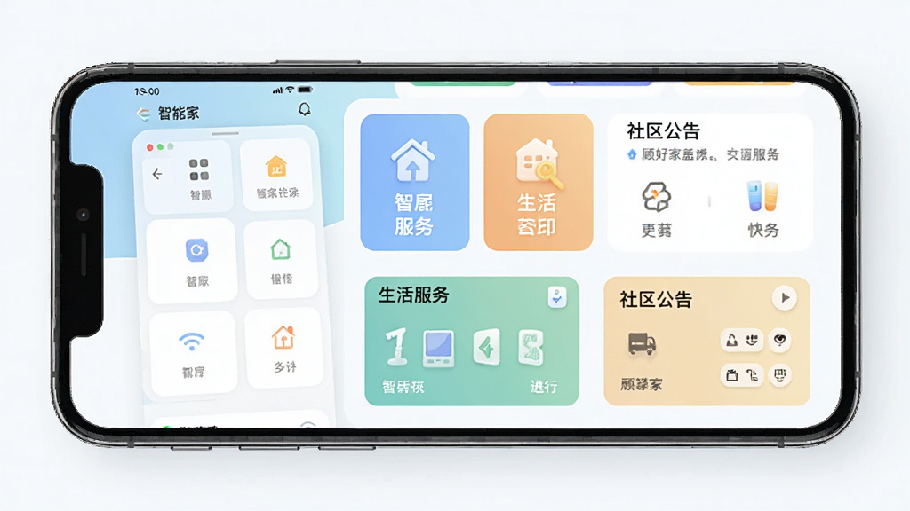 一张展示顾好家APP在智能手机上运行的界面预览图,主体是APP首页,包含智能家居控制面板、生活服务快捷入口、社区公告等模块,布局清晰,排版美观,采用扁平化设计风格,色彩明快柔和,细节丰富,画质高清,画面干净,无多余元素。