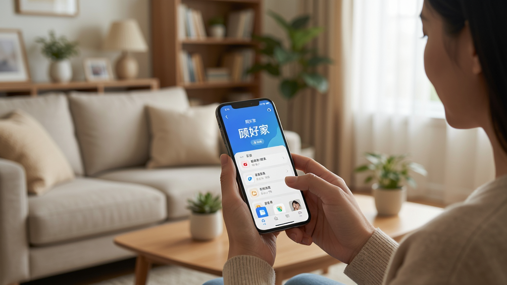 一张展示顾好家APP使用场景的图片,主体是用户手持手机操作APP,背景是温馨的客厅,布局自然,排版和谐,风格生活化,细节丰富,画质高清,画面干净,无多余元素。