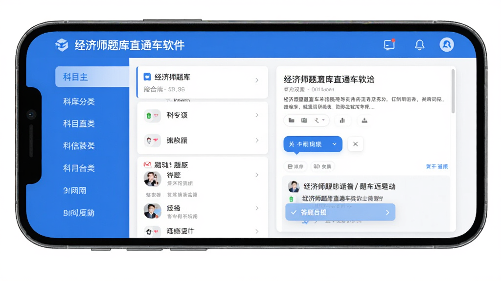 图片展示经济师题库直通车软件主界面,手机屏幕显示题库列表和答题卡布局,左侧有科目分类导航,右侧为题目预览区域,整体风格简洁现代,蓝白配色,画质清晰,无多余元素