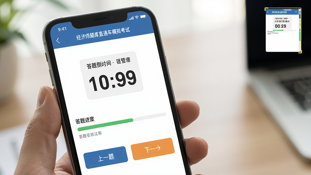 经济师题库直通车模拟考试界面,手机屏幕显示考试倒计时和答题进度条,下方有上一题、下一题按钮,右上角显示答题卡缩略图,风格写实,光线柔和,画质高清