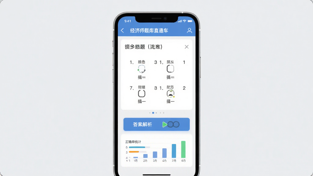 经济师题库直通车预览图,展示智能刷题界面,手机屏幕中央出现一道选择题,下方有答案解析按钮和正确率统计图表,背景为浅灰色,风格简约清晰,画质干净