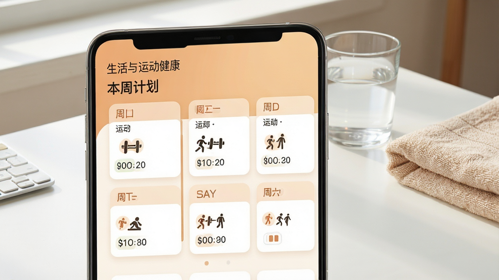 չʾ���������˶�������APP�еļƻ�ҳ�棬ҳ�涥����ʾ�����ܼƻ������·�Ϊ��һ�����յ��ճ̿�Ƭ��ÿ�ſ�Ƭ�ϱ����˶����ͺ�ʱ��ͼ�꣬����Ϊ���������������һ��ˮ��һ��ë�����������Լ��ܰ�����ֹ���������ůɫ���������������ɾ��޶���Ԫ�ء�