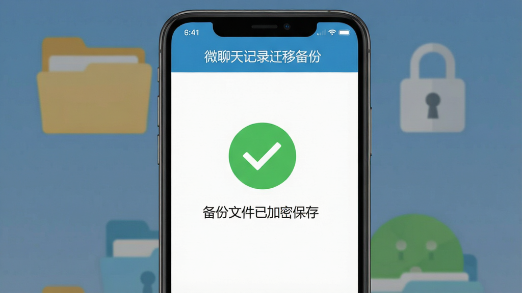 �ֻ���Ļ��ʾ΢�����¼Ǩ�Ʊ��������ı�����ɽ��棬һ����ɫ�Թ�ͼ�꣬�·���ʾ�������ļ��Ѽ��ܱ��桱�������������ļ��к�����ͼ�꣬�������������棬���־��У��Ű��࣬����ƽ����ϸ��ͻ���������ơ�΢�����¼Ǩ�Ʊ��ݡ��������������ɾ����޶���Ԫ��