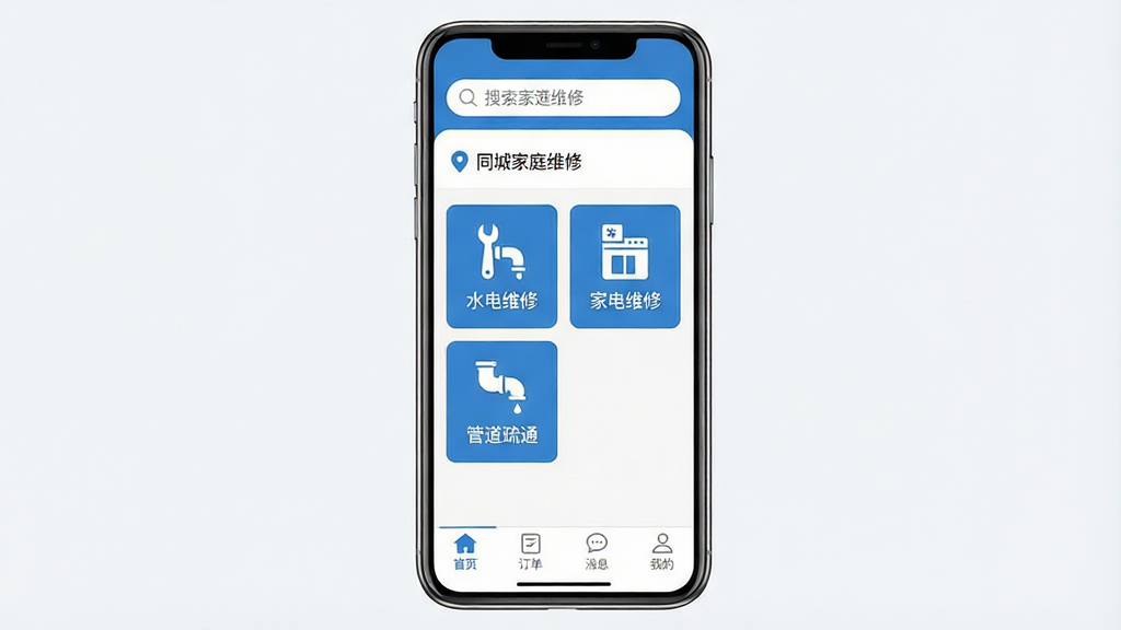 一张展示智能手机屏幕的应用界面图,屏幕中央显示“同城家庭维修”APP主页面,顶部有搜索栏和定位信息,中部以卡片形式展示“水电维修”、“家电维修”、“管道疏通”等服务分类图标,底部有“首页”、“订单”、“消息”、“我的”四个导航按钮。整体界面简洁清晰,配色以蓝色和白色为主,风格现代,扁平化设计,画质高清,干净无多余元素