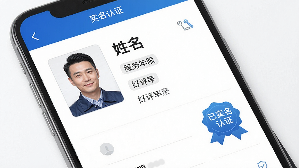 一张展示维修师傅实名认证信息的手机界面截图,屏幕上显示师傅的证件照、姓名、服务年限、好评率以及“已实名认证”的蓝色徽章图标。界面布局清晰,信息排列整齐,风格简约商务,色调以白色和蓝色为主,画质高清,细节精致,干净无多余元素