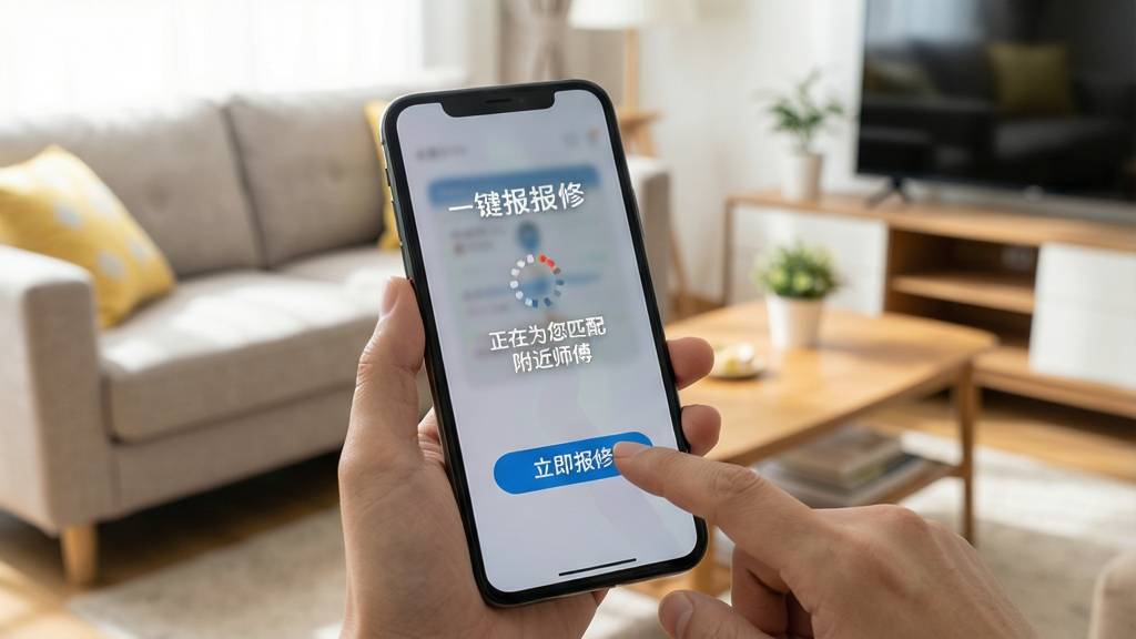 一张展示用户正在手机上进行一键报修操作的场景图,手指点击“立即报修”按钮,屏幕上弹出“正在为您匹配附近师傅”的加载动画,背景是明亮的客厅环境,沙发和茶几清晰可见。画面构图重点突出手机屏幕,布局合理,风格写实,细节丰富,画质清晰,干净无多余元素