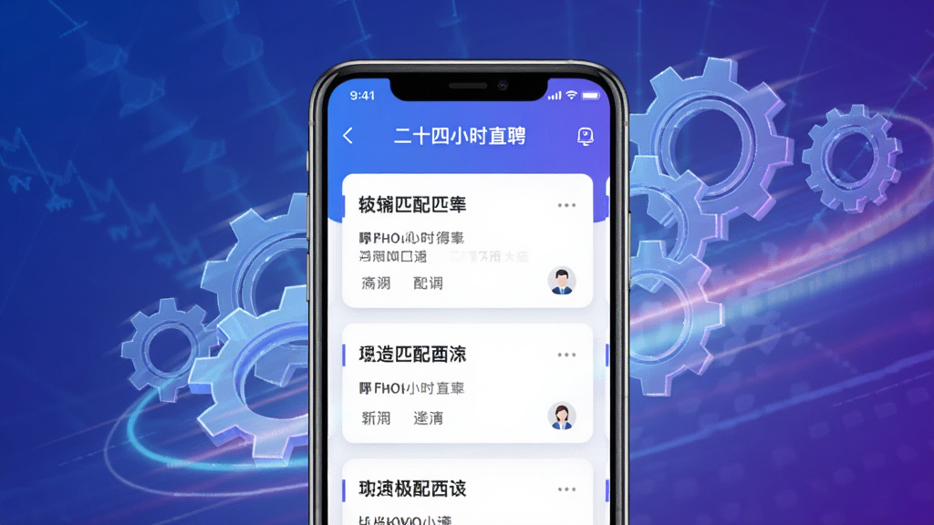 一张展示“二十四小时直聘”App极速匹配功能的预览图,画面中央是手机界面,显示多个匹配的职位卡片,背景有象征时间和速度的齿轮与光效,整体风格科技感强,蓝紫色调,高清画质,干净无多余元素