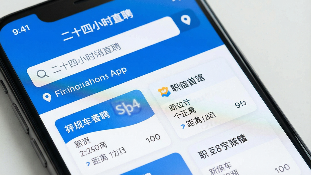 一张智能手机屏幕特写,屏幕中显示“二十四小时直聘”App的首页界面,上方有搜索栏和定位信息,下方列表展示多个职位卡片,包含岗位名称、薪资、距离等关键信息,整体界面简洁现代,蓝白配色,画质清晰,干净无多余元素