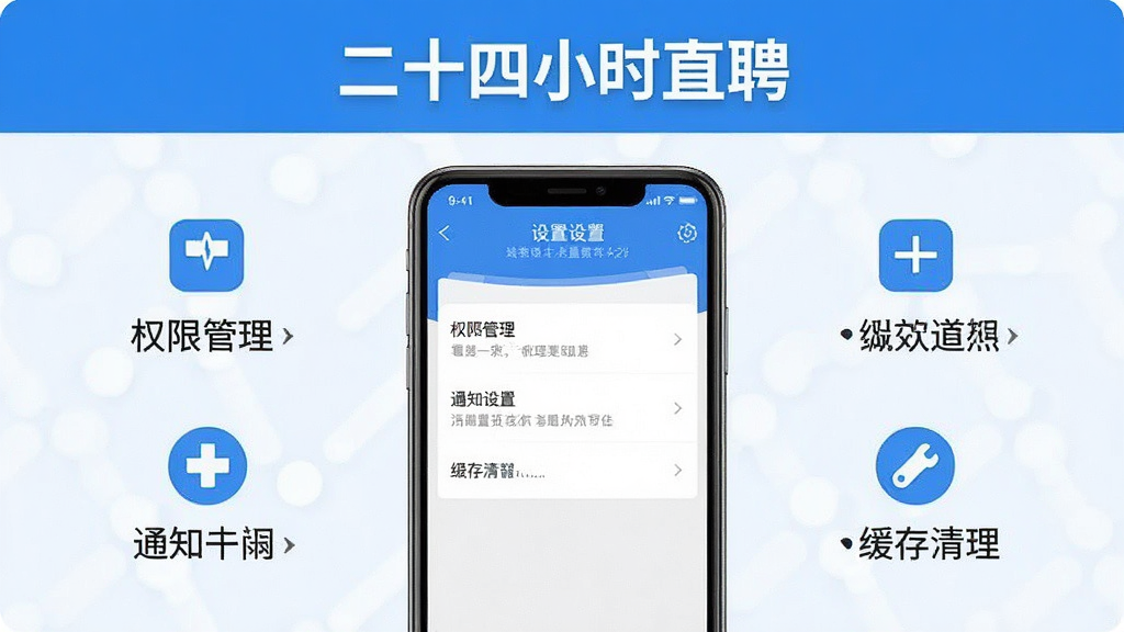 一张展示“二十四小时直聘”App使用指南的预览图,画面中手机屏幕显示应用设置界面,包含权限管理、通知设置、缓存清理等选项,背景有简单的图标和文字说明,整体风格简洁实用,蓝色调,画质干净,无多余元素