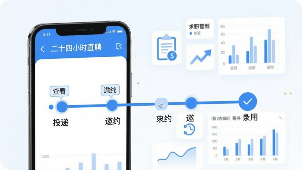 一张展示“二十四小时直聘”App求职进度管理功能的预览图,画面是手机界面,显示求职进度时间轴,包含投递、查看、邀约、录用等节点,背景有简洁的图标和数据图表,整体风格清新商务,蓝色主调,画质清晰,干净无多余元素