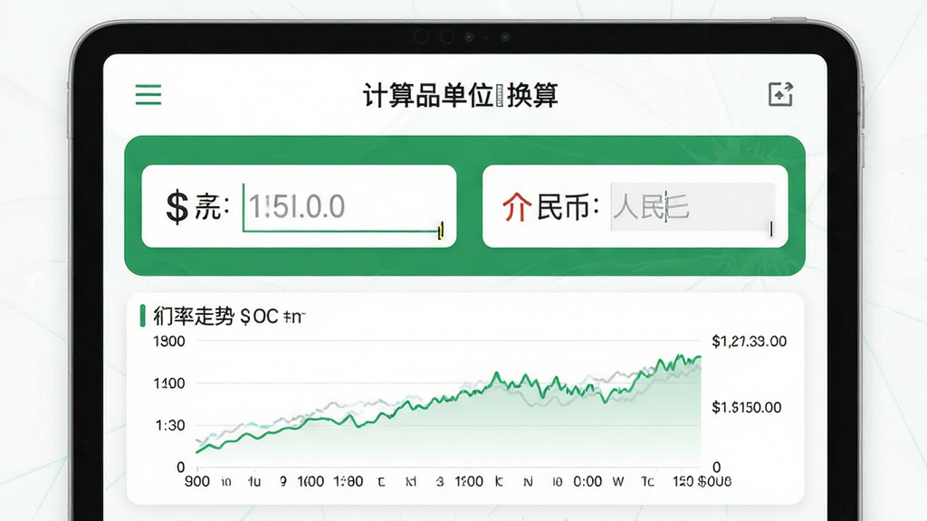 精准智能计算器单位换算功能界面,屏幕中央显示货币换算器,上方为美元和人民币输入框,下方为汇率走势简图,界面以绿色和白色为主色调,布局简洁直观,风格清新商务,细节展示汇率数字和输入光标,画质高清,干净,无多余元素