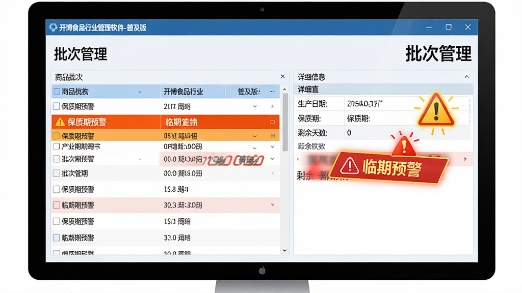 主体:电脑屏幕上的开博食品行业管理软件-普及版的批次管理界面;布局:界面左侧为商品批次的列表,右侧显示该批次的详细信息,包括生产日期、保质期、剩余天数,并有一个醒目的“临期预警”图标;排版:信息分层排列,数据清晰易读;风格:简洁明了,带有警示色突出临期商品;细节:屏幕中显示“批次管理”、“保质期预警”等字样,软件名称“开博食品行业管理软件-普及版”显示在界面顶部;画质:高清,干净,无多余元素