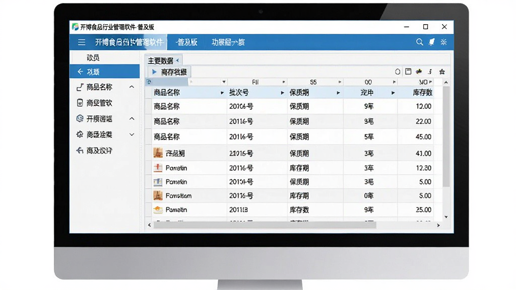 主体:开博食品行业管理软件-普及版的主界面,显示在电脑屏幕上;布局:上方为菜单栏,左侧为功能导航列表,右侧为主要数据表格区域,展示商品列表和库存数量;排版:界面布局规整,功能分区清晰,表格行列整齐;风格:现代商务风格,界面简洁,色彩以蓝色和白色为主;细节:屏幕中显示商品名称、批次号、保质期、库存数量等数据,软件名称“开博食品行业管理软件-普及版”出现在界面顶部;画质:高清,干净,无多余元素