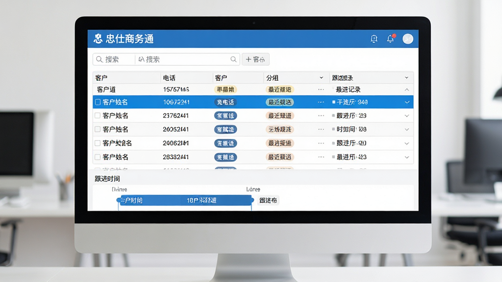 主体:电脑屏幕上“忠仕商务通”客户管理界面,显示客户列表、分组标签和跟进记录。布局:上方搜索栏,中间客户表格,下方跟进时间线。排版:整齐的表格布局,信息层级分明。风格:简洁商务风,蓝色高亮重点信息。细节:客户姓名、电话、标签、最近跟进时间等字段清晰可见。画质:高清,干净,无多余元素。
