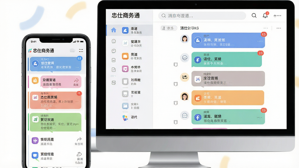 主体:手机与电脑并排,屏幕显示“忠仕商务通”消息聚合界面,多个聊天窗口同时在线。布局:左侧渠道列表,右侧消息流。排版:卡片式消息卡片,不同渠道用不同颜色标识。风格:现代扁平化风格,色彩柔和。细节:消息气泡、渠道图标、未读计数角标。画质:高清,界面干净,无多余元素。
