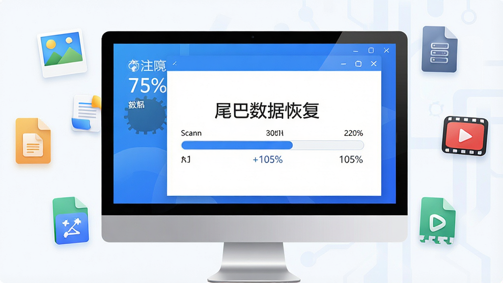 主体:一台电脑屏幕显示“尾巴数据恢复”软件主界面,界面中扫描进度条正在运行,周围漂浮着各种文件图标如照片、文档、视频,象征数据恢复过程;布局:电脑居中,软件界面放大清晰可见,文件图标环绕四周;排版:主次分明,界面文字可辨,图标错落有致;风格:科技感、现代简约,配色以蓝色和白色为主;细节:扫描进度条有百分比数字,文件图标带有色彩;画质:高清、干净、无多余元素