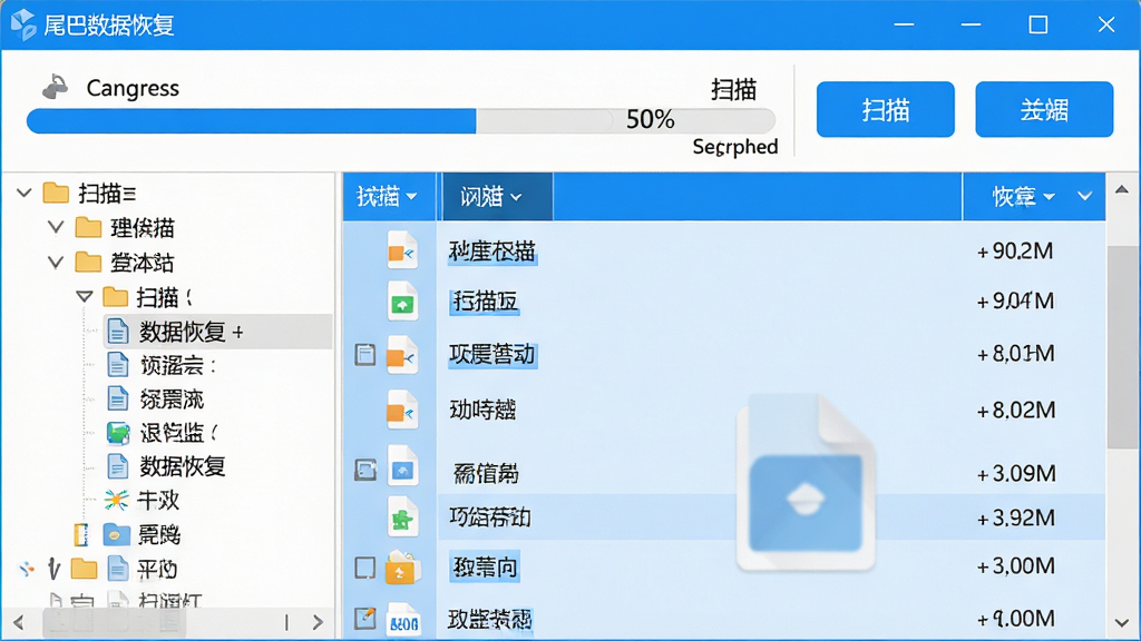 主体:“尾巴数据恢复”软件深度扫描界面,显示扫描进度条和文件列表;布局:左侧为目录树,右侧为文件预览区,顶部为扫描控制按钮;排版:信息分区合理,操作按钮醒目,文件列表带文件名和大小;风格:简洁明亮,蓝色主调,扁平化设计;细节:扫描进度条带百分比,文件类型图标区分;画质:高清、干净、无多余元素