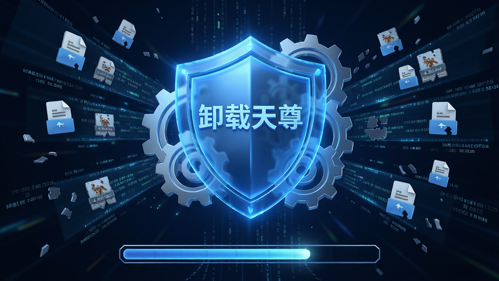 主体:“卸载天尊”深度清扫引擎工作状态3D概念图。布局:画面中央是一个发光的蓝色盾牌,盾牌周围环绕着齿轮和数据流,下方是清理进度条。排版:盾牌为主体,数据流呈放射状,进度条位于底部。风格:科技感、未来感,光影效果强烈。细节:数据流中可以看到被清除的碎片文件图标,盾牌上刻有“卸载天尊”字样。画质:高细节渲染,光影通透,干净,无多余元素。