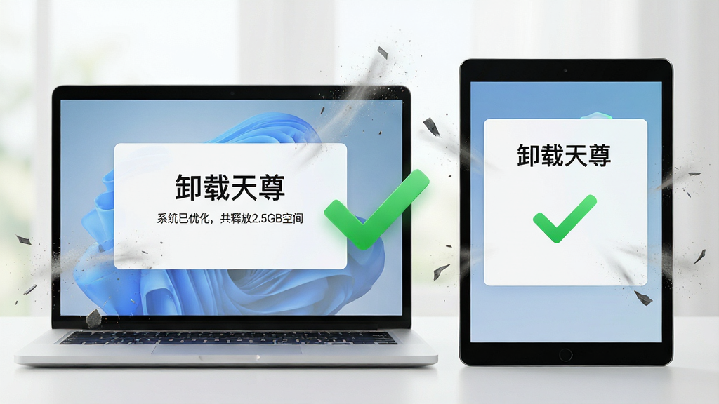 主体:一台笔记本电脑和一部平板电脑并排,屏幕上显示“卸载天尊”的清理完成界面。布局:左侧是笔记本,右侧是平板,中间有绿色的对勾图标。排版:设备屏幕朝向观众,界面内容清晰可见。风格:写实风格,光线明亮柔和。细节:屏幕上显示“系统已优化,共释放2.5GB空间”的字样,设备周围有轻微的灰尘和碎片被吸走的动态效果。画质:4k高清,细节丰富,干净,无多余元素。