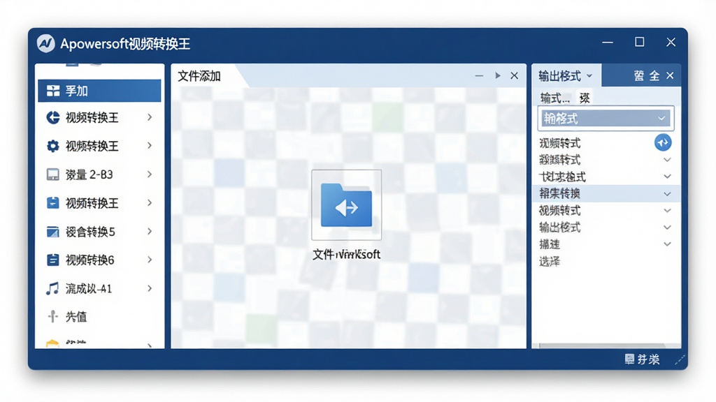 一张展示Apowersoft视频转换王主界面的高清截图,界面布局清晰,左侧为功能列表,中间为文件添加区域,右侧为输出格式选择面板,整体风格简洁现代,以深蓝色为主色调,窗口边缘有柔和阴影,画质干净,无多余元素,图片中显示软件名称“Apowersoft视频转换王”字样。