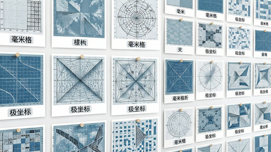 主体:多种坐标纸模板缩略图网格排列,布局:整齐的模板展示墙,排版:每张缩略图下方标注名称,风格:清晰明亮,细节:突出“毫米格”“极坐标”等模板样式,画质:高清,干净,无多余元素