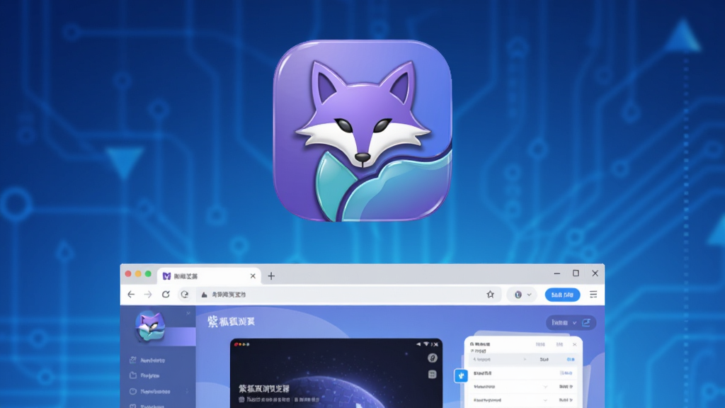 画面主体为紫狐浏览器的品牌LOGO与产品主视觉图,布局采用居中构图,LOGO下方展示浏览器界面截图,排版简洁大气,背景为渐变蓝色科技感光效,风格现代扁平化,细节包括高光质感的图标和流畅的UI界面,画质高清渲染,干净无多余元素。