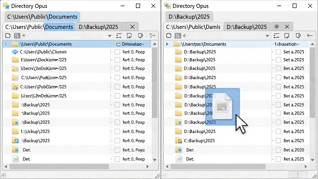 主体:Directory Opus软件的双栏浏览界面,左右两个窗格并排,每个窗格各有多个标签页,标签页上显示文件夹名称,左侧窗格显示“C:\Users\Public\Documents”,右侧窗格显示“D:\Backup\2025”,其中一个文件正被鼠标拖拽从左侧移动到右侧。布局:左右对称分栏,上方各有一个标签栏。排版:标签页整齐排列,文件列表清晰,拖拽时显示半透明文件图标。风格:界面明亮,色彩清新,标签页高亮显示当前激活项。细节:拖拽文件时呈现蓝色阴影效果,鼠标指针变为移动状态,文件列表自带滚动条。画质:高清,干净,无多余元素。