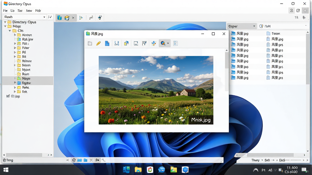 主体:Directory Opus软件运行在Windows 11系统上,界面显示双栏文件管理,一个文件预览窗口弹出显示图片,背景为桌面。布局:全屏界面,左侧文件夹树,右侧文件列表,预览窗口居中。排版:文件列表整齐,预览窗口显示清晰。风格:现代Windows风格,窗口圆角,阴影效果。细节:预览窗口显示“风景.jpg”的高清图片,工具栏图标清晰,状态栏显示文件数量。画质:高清,干净,无多余元素。