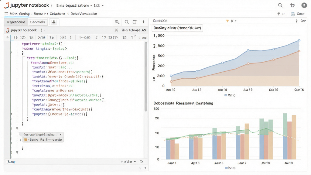 Jupyter Notebook界面展示数据可视化图表,左侧代码单元格,右侧输出折线图和柱状图,配色柔和,布局整洁,画质干净,无多余元素