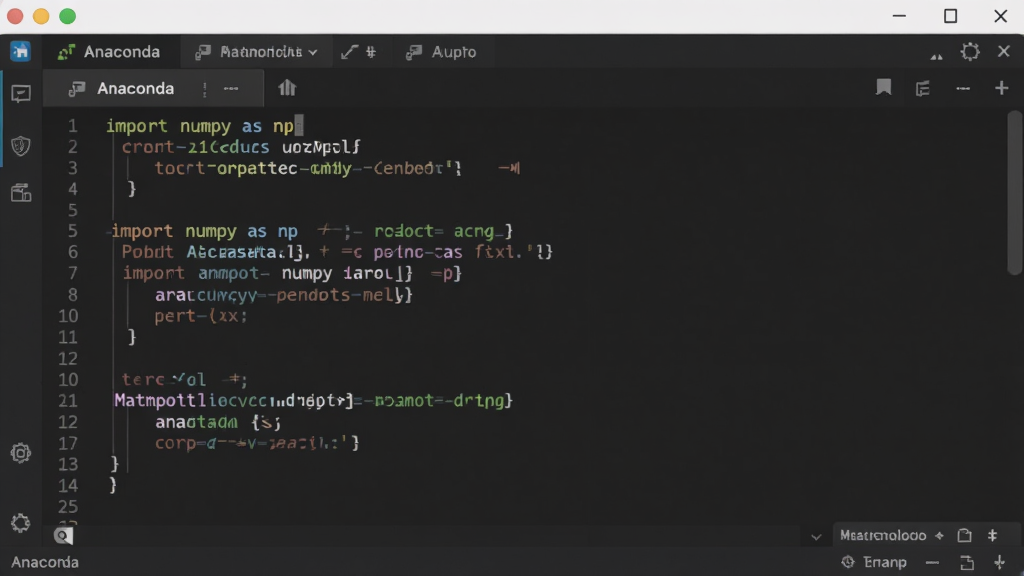 Anaconda中导入NumPy、Pandas、Matplotlib库的代码编辑器截图,代码高亮,背景深色,窗口布局合理,突出“import numpy as np”等语句,画质干净,无多余元素