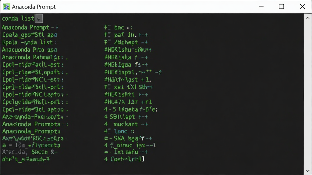 Anaconda Prompt命令行界面,输入“conda list”命令,输出包列表,背景黑色,字体绿色,窗口清晰,无多余元素