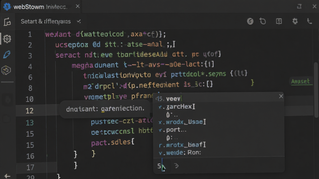WebStorm编辑器特写画面,代码行带有彩色高亮和自动补全下拉列表,光标位置显示参数提示气泡,背景为深色主题,界面整洁,突出智能代码辅助功能,画质清晰,无多余元素