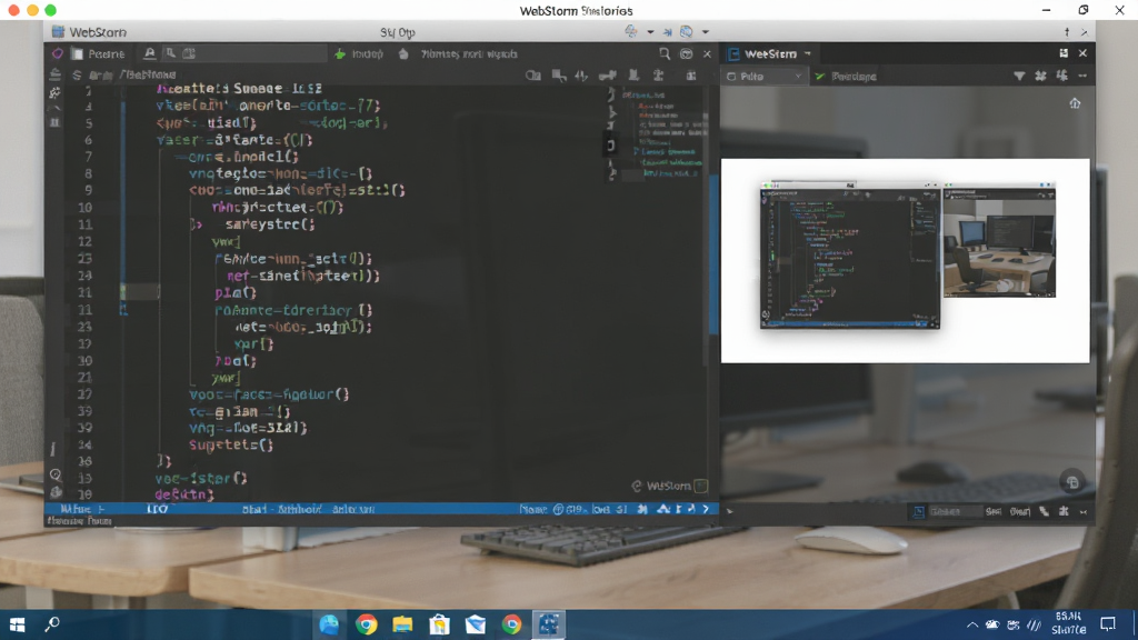 WebStorm软件运行在笔记本电脑上的全屏截图,桌面背景为办公环境,编辑器中显示JavaScript代码,右侧有预览窗口,整体画面明亮清晰,突出软件易用性,画质干净,无多余元素