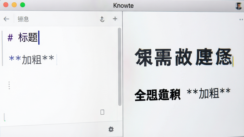 主体:Knowte软件编辑界面特写,展示Markdown语法实时预览效果。布局:画面左侧是原始文本输入区,显示“# 标题”和“**加粗**”等语法标记,右侧是渲染后的效果,显示大标题和加粗文字。排版:左右分栏,中间用一条细线分隔。风格:明亮浅色主题,界面干净整洁,字体为无衬线体。细节:光标闪烁在输入区,右侧预览区文字清晰,软件名称“Knowte”出现在顶部菜单栏。画质:高清,干净,无多余元素。