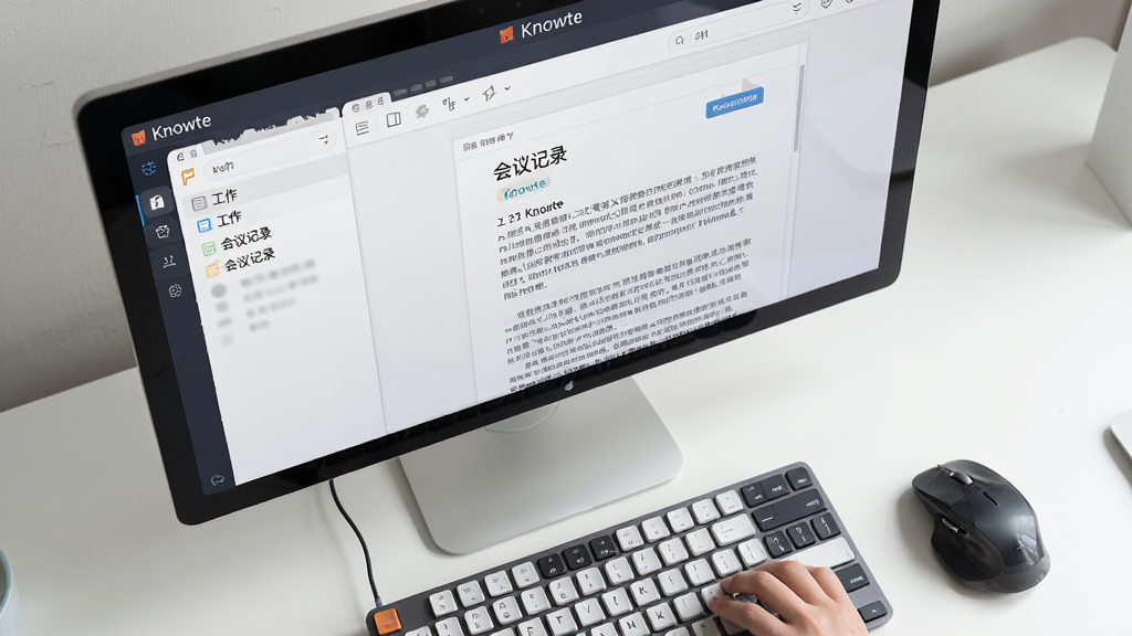 主体:用户正在使用Knowte软件整理笔记的场景,电脑屏幕显示软件界面,键盘和鼠标清晰可见。布局:电脑屏幕占据画面主要位置,屏幕中显示Knowte的笔记本列表和一篇打开的文章。排版:俯视角度,键盘在下方,鼠标在右侧。风格:写实风格,室内光线自然,屏幕亮度适中。细节:屏幕上可以看到“工作”笔记本和“会议记录”笔记,软件名称“Knowte”在标题栏显示。画质:高清,干净,无多余元素。