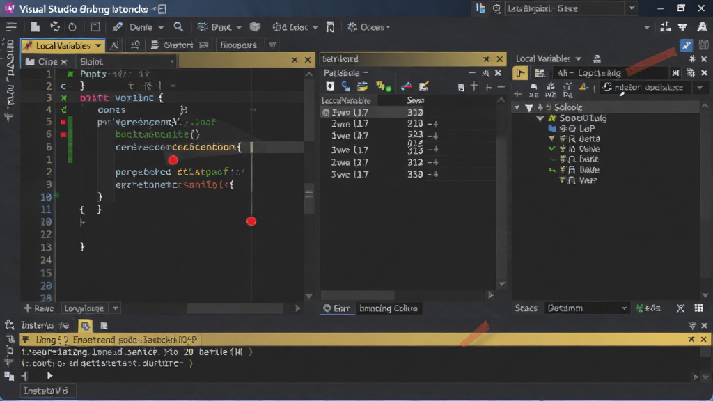 Visual Studio���ԻỰ���棬����༭���еĶϵ��ɫԲ�㣬���Թ������������ֲ�����������ʾ����ֵ�����ö�ջ���ڣ��ײ���ʱ���ڣ���ɫ���⣬רҵ���Գ���������ɾ���