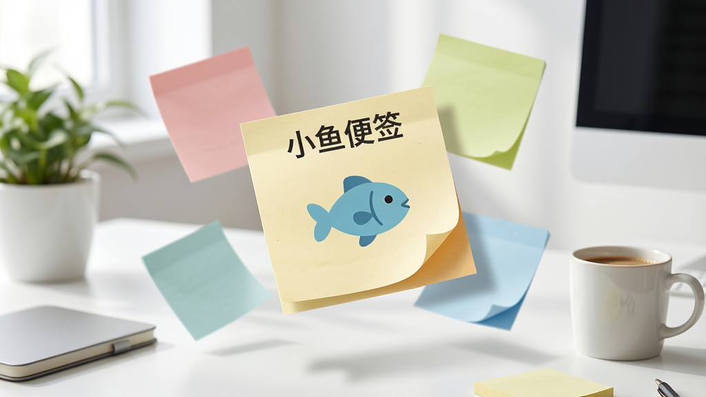 主体为一张干净明亮的现代办公桌面上,悬浮着几片彩色便签纸,其中最大的一片印有“小鱼便签”字样及小鱼图标,周围有绿植和咖啡杯,整体布局简洁,排版错落有致,风格清新自然,细节包括便签的阴影和纸张纹理,画质高清干净,无多余元素