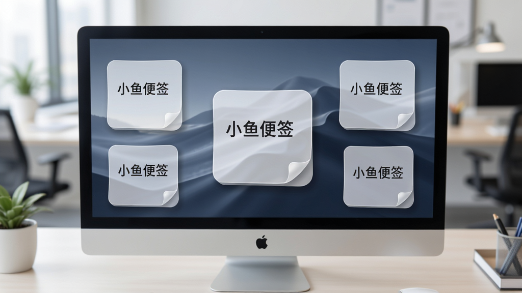 主体为电脑屏幕前,屏幕上显示多个半透明悬浮便签,便签上印有“小鱼便签”字样,布局为桌面俯视图,排版整齐,风格简约商务,细节包括便签的圆角和阴影,画质清晰干净,背景为模糊的办公场景,无多余元素