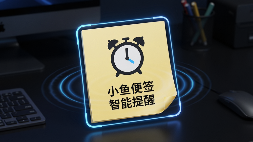 主体为一个电脑桌面,中央悬浮着一个带有闹钟图标的便签,便签上写着“小鱼便签 智能提醒”,布局简洁,排版居中,风格科技感,细节包括发光边框和动态波纹,画质高清,背景为深色桌面,无多余元素